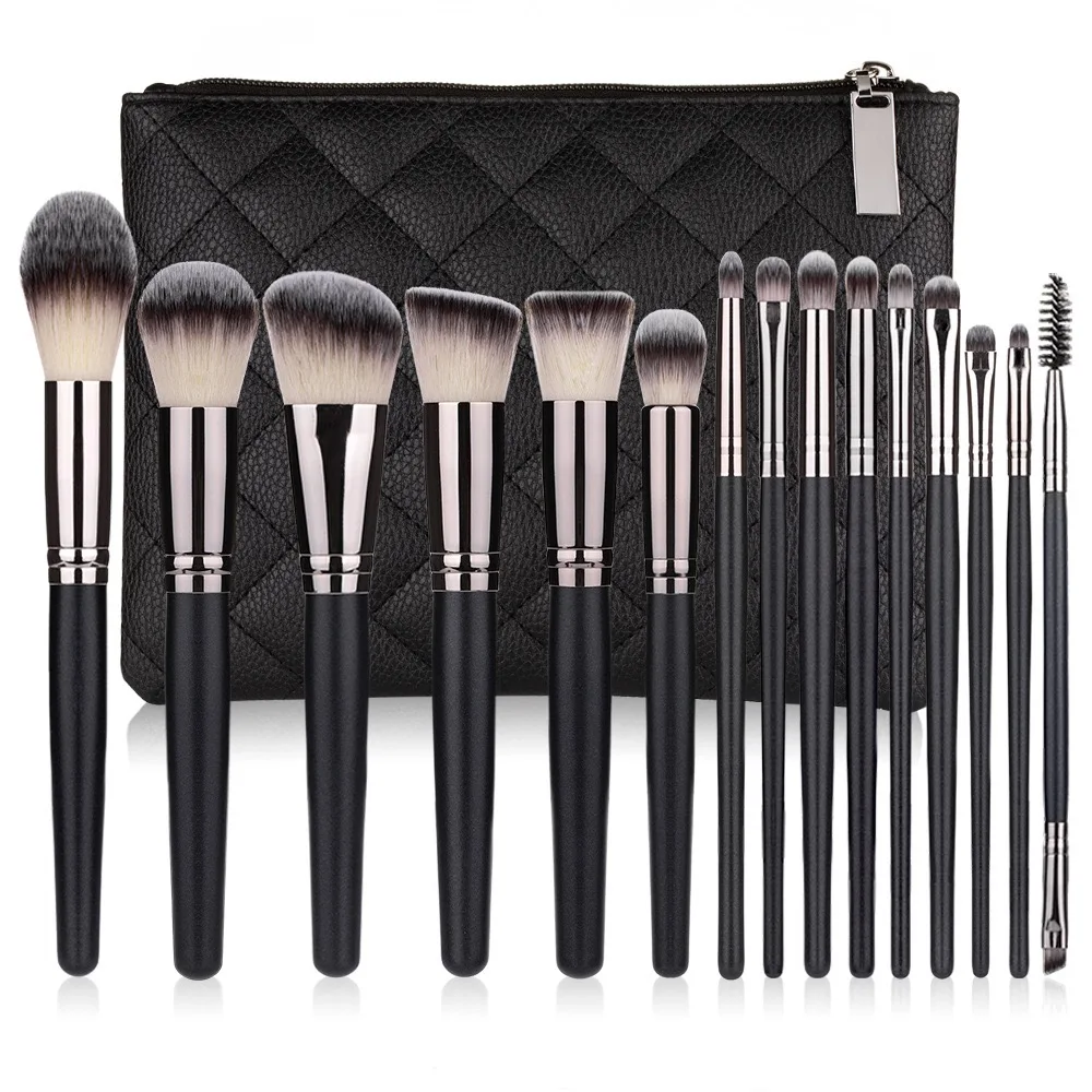 

Professional makeup 15 pcs makeup brush kit wood handle with brush storage tin eyebrow blend brush set, Black silver