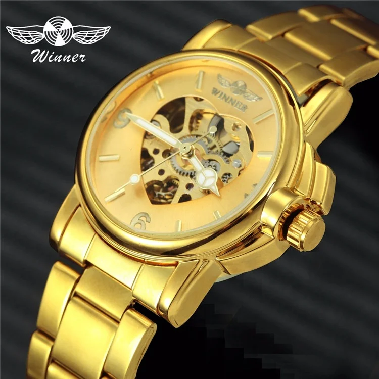 

Winner 157w Official Luxury Women Watches Automatic Mechanical Golden Heart Skeleton Dial Stainless Steel Band Elegant Ladies