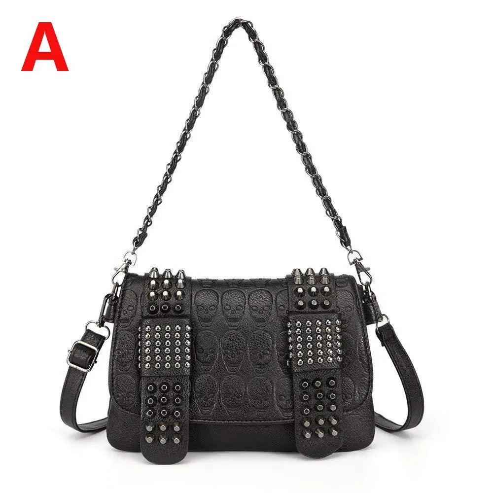 

Black Handbag Punk Skull Head Rivet Print Embossing Messenger Shoulder Bag Women Envelope Bag