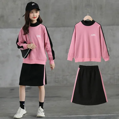 

New Arrivals 2021 Kids Fall Two Piece Skirt Sets Round Collar Long Sleeve Patchwork Hoodie and Half Skirt Set for Girls