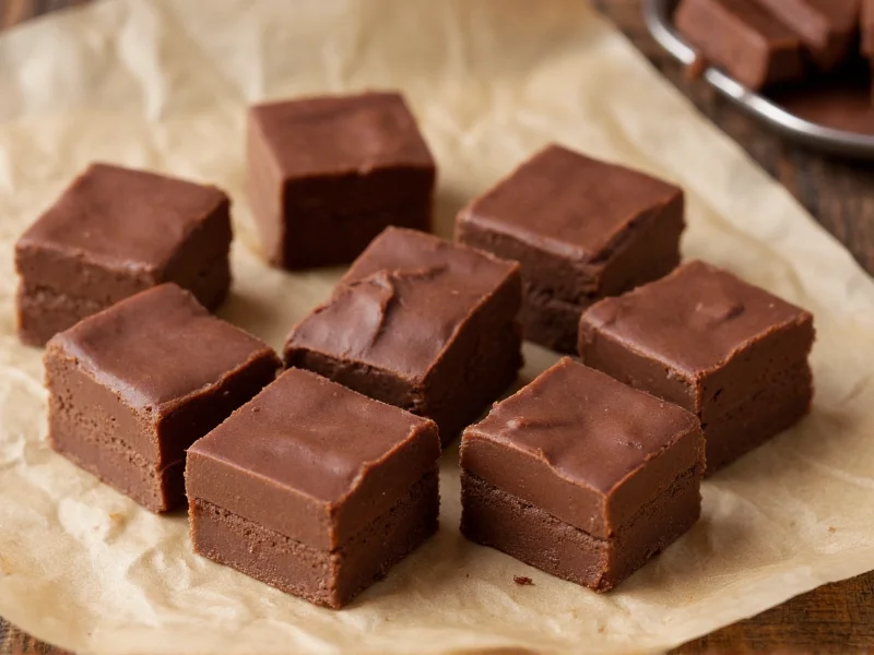 Creamy chocolate fudge squares on parchment paper
