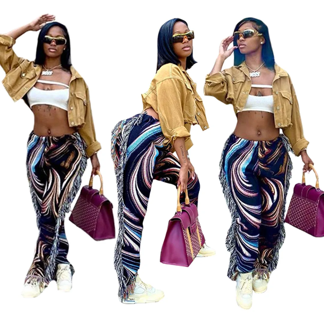 

The Best-selling Streetwear Colorful High-waisted Tassel Flannel Casual Jogger Pants For Women 2021, Multi colors