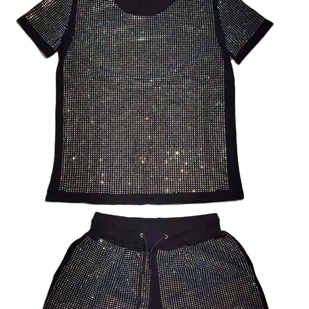 

short sleeve women 2pcs casual outfit t shirt and shorts set jumpsuit track suit summer luxury with crystal diamond rhinestone