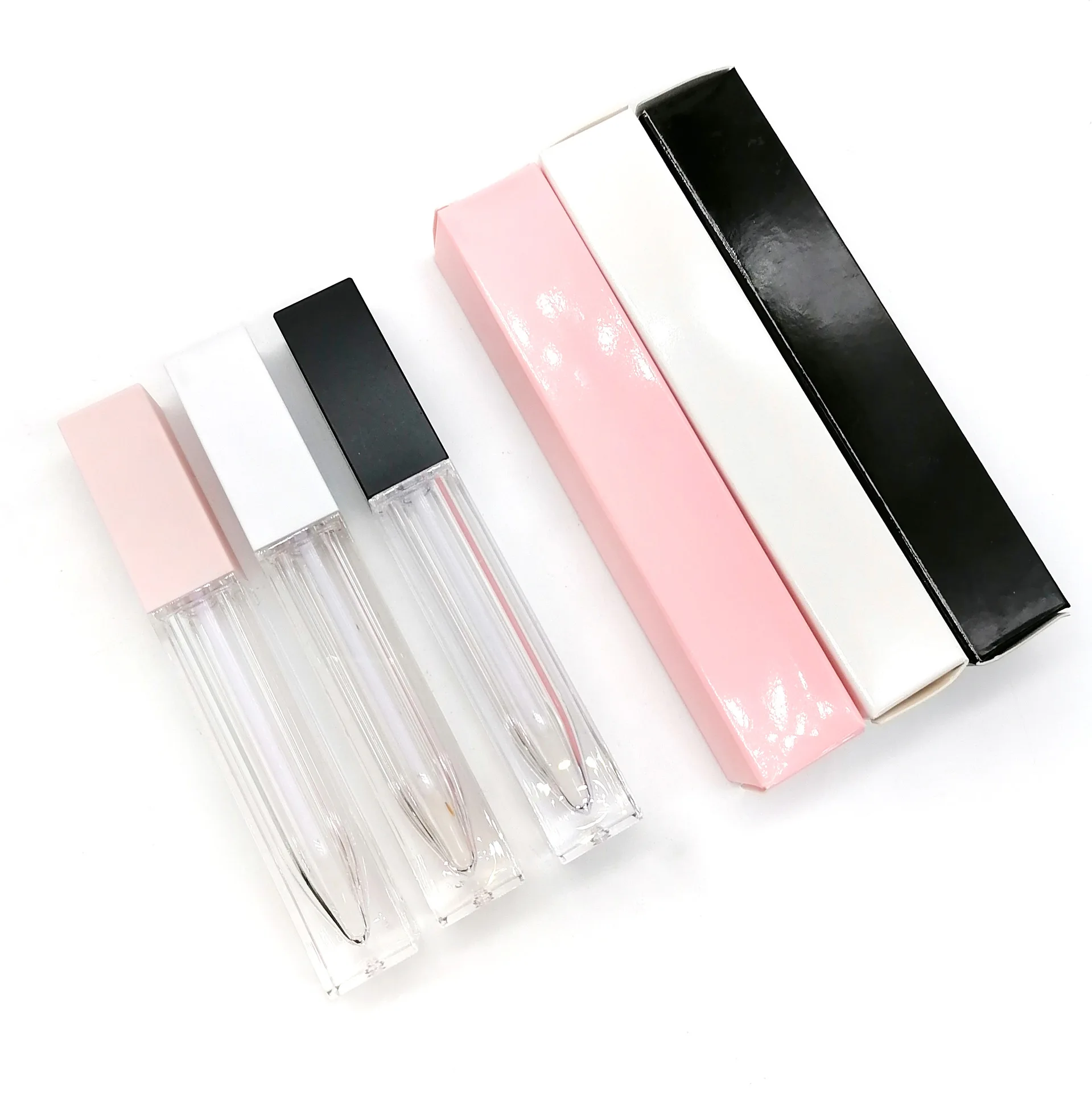 

Acceptable Customer's Logo square personalized lip gloss tubes with box and logo matched black/white pink cap