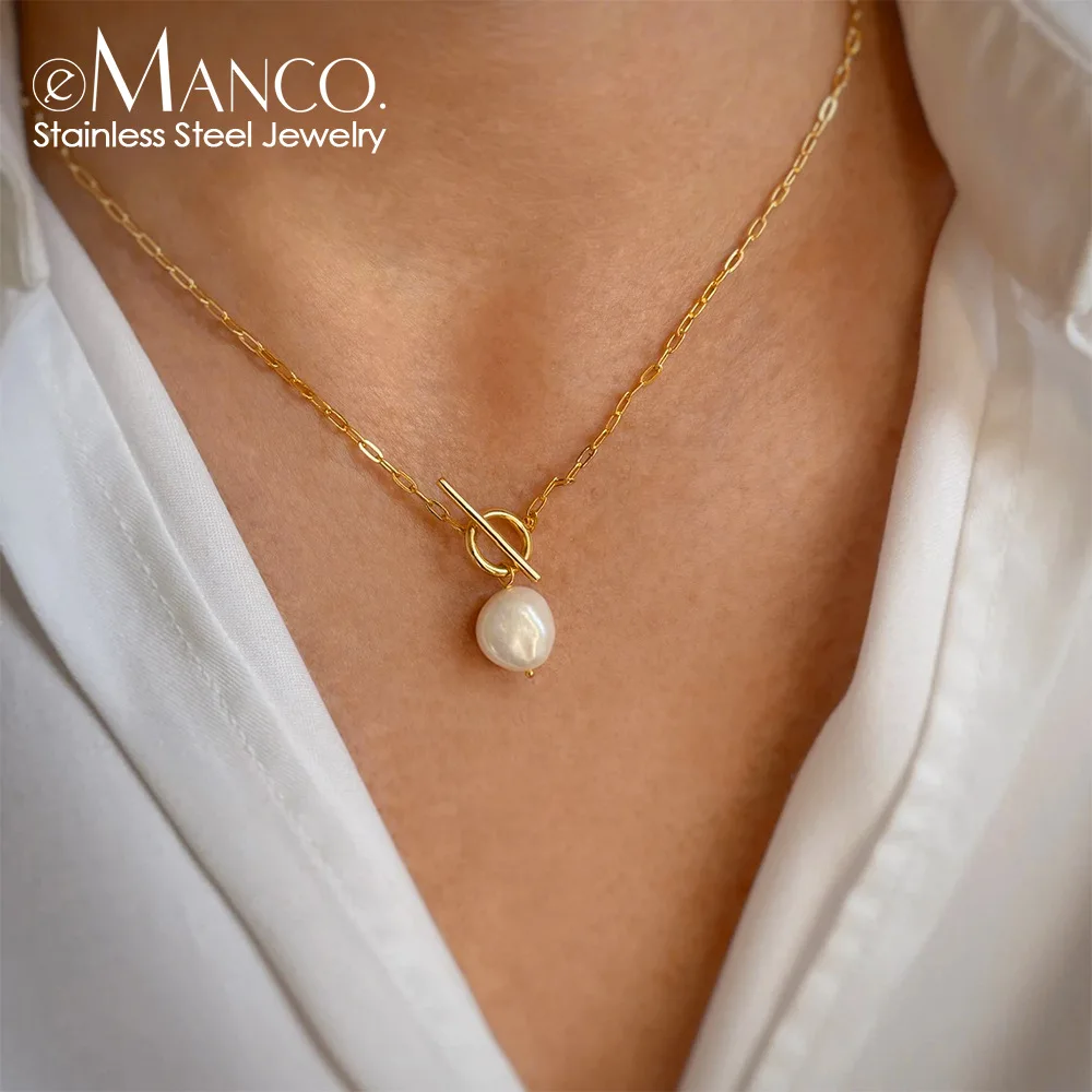EManco Luxury Unisex Stainless Steel Waterproof OT Buckle Baroque Pearl Pendant Necklace for Gift Occasions