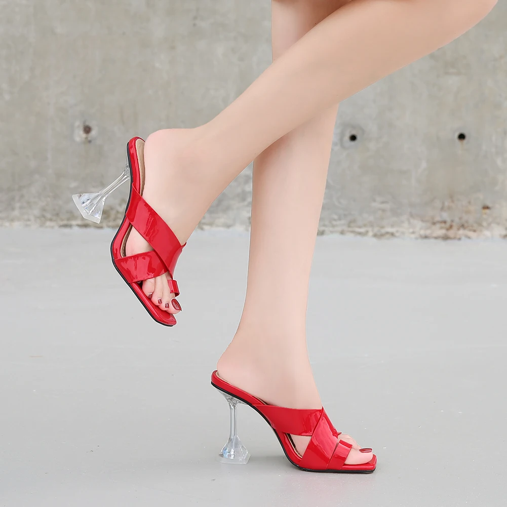 

New arrivals women shoes fashion crystal 9 cm thin high heel ladies slipper shoes big size woman square toe shoes for ladies