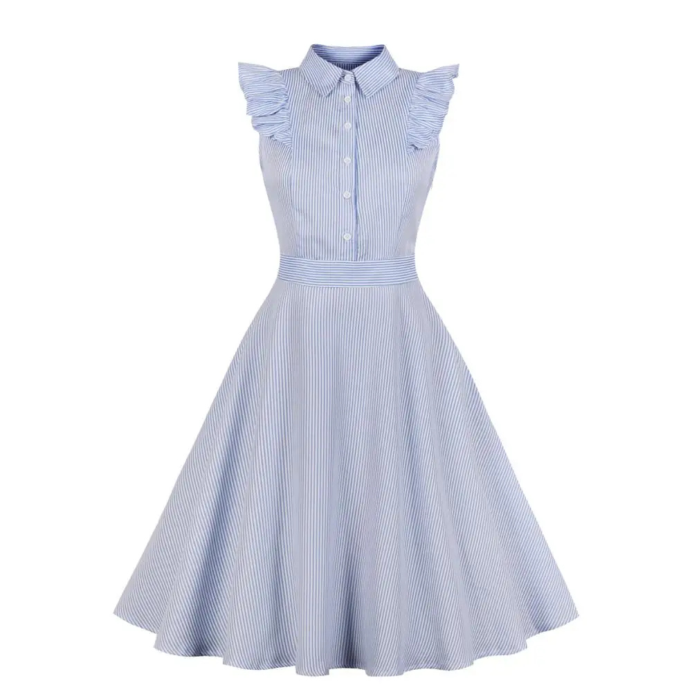 

Summer Elegant Sleeveless Casual Turn-down Collar Office Vintage Blue Striped Ruffles Party Midi Shirt Dress