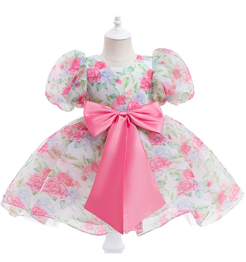 

Summer flower girl Bridesmaid Dress rose pattern Design kid Evening Dress for party pink girl Princess's Birthday Dress