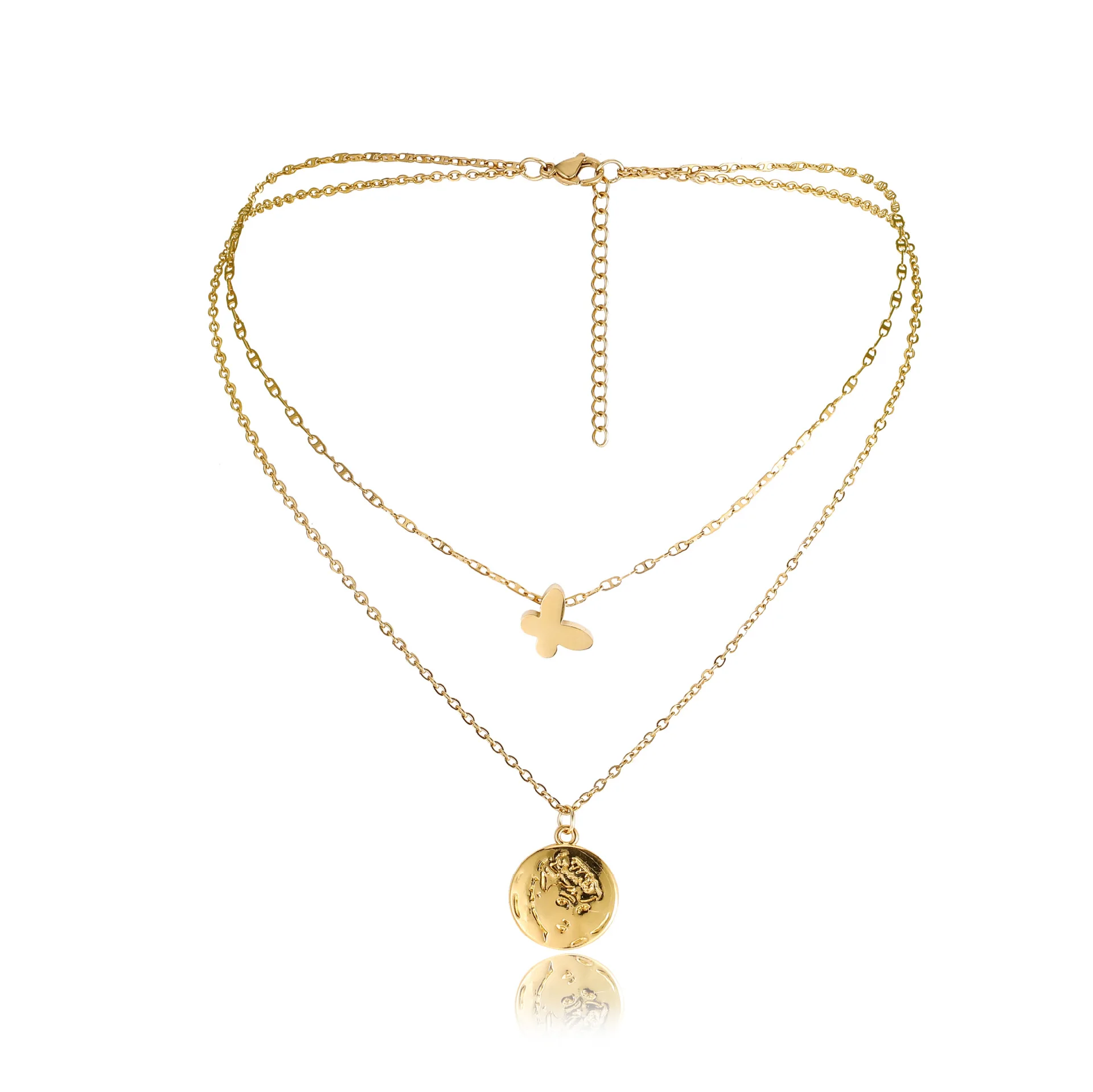 

Boho Minimalist Double Layered Stainless Steel Jewelry Gift Collar Choker Necklace Disk Coin Gold Butterfly Pendant Necklace