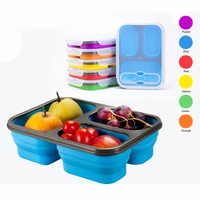 

3 Compartment Foldable Biodegradable Food Container Bento Lunchbox Collapsible Silicone Tiffin Lunch Box For Kids