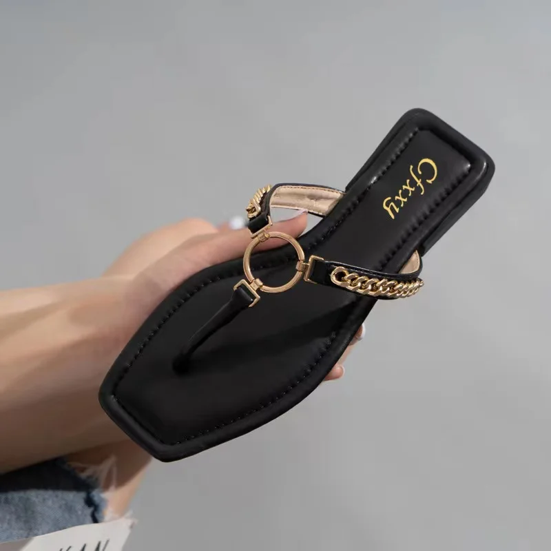 

2022 Summer new arrival fashion flat metal chain casual flip flops women shoes chic plus size outdoor beach slide&slippers, Three colors or customized