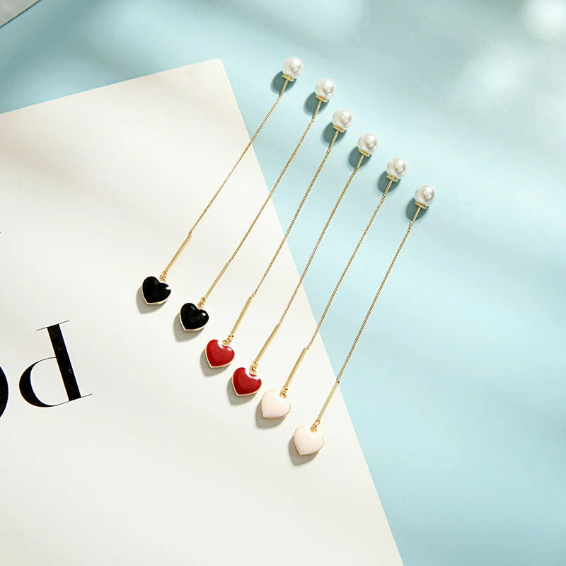 

e021739 Cute Enamel Black White Red Heart Earrings Drop Thread Earrings, Gold