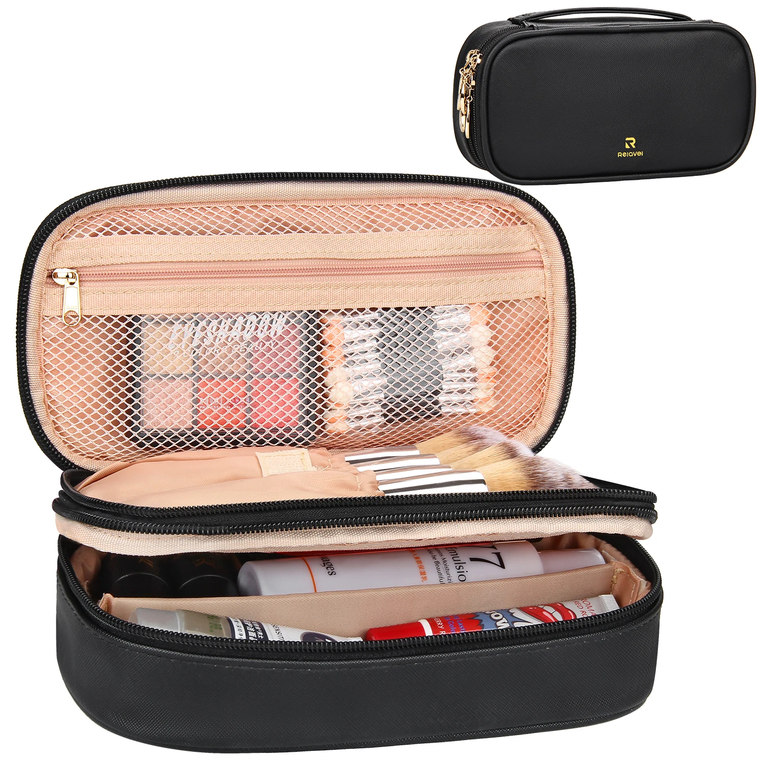 

Free Dropshipping Relavel Small Black Zipper Dual Layer Compact Travel Cosmetic Storage Brush Holder Organizers Pouch Makeup Bag