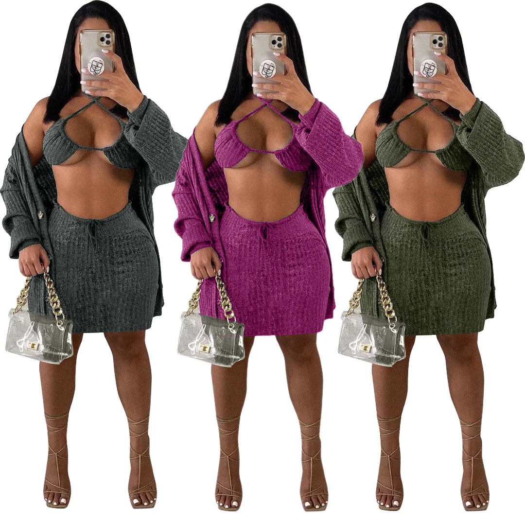 

2022 Spring woman clothing Sexy Sweater Bra Top Cardigan knit 3 two piece skirt set women