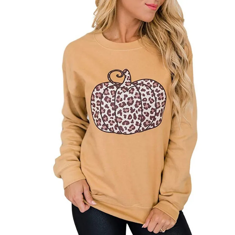 

Leopard Print Casual Long Sleeve Shirt Tops Women Graphic Pullover Halloween Pumpkin Sweatshirt