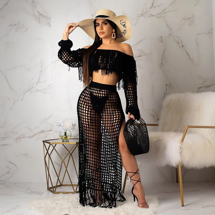 

Summer 2020 New Hollow Out Sexy Fashion Mesh Fringe Two Sets Covers Bikini Swimwear, 7 colors