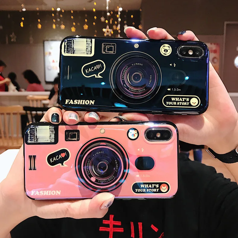 

for iPhone 11 Pro Max XS Max 7 8 Vintage Camera lanyard bracket Case Luxury Glitter Stand, Colorful