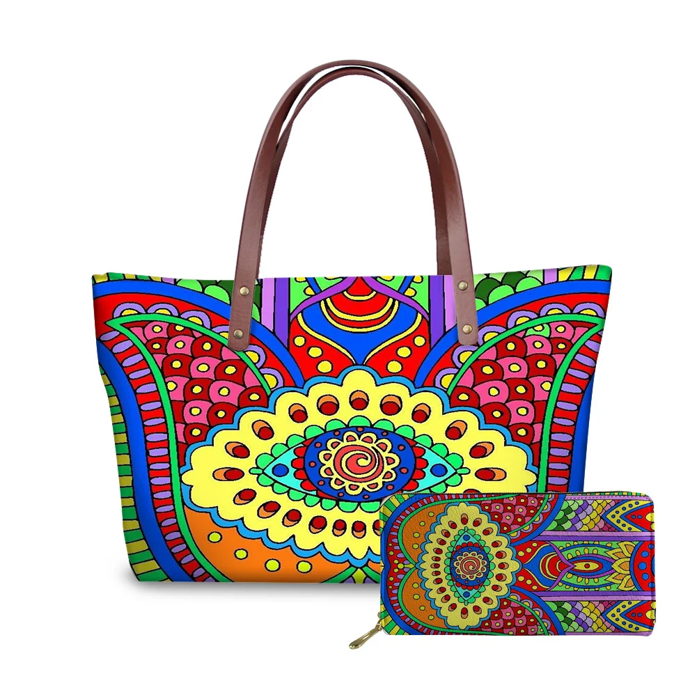 

Wholesale Custom Logo Designer Luxury Mandala Hamsa Evil Eye Printing Hand Bags Women Ladies Purses and Handbags 2pcs 2021, Customized