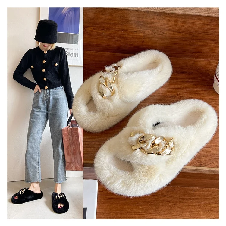 

Korean Women House Slippers with Chain Warm Faux Fur Ladies Cross Soft Plush Furry Female Open Toe Slides Fashion Shoes, Blue white yellow grey orange black