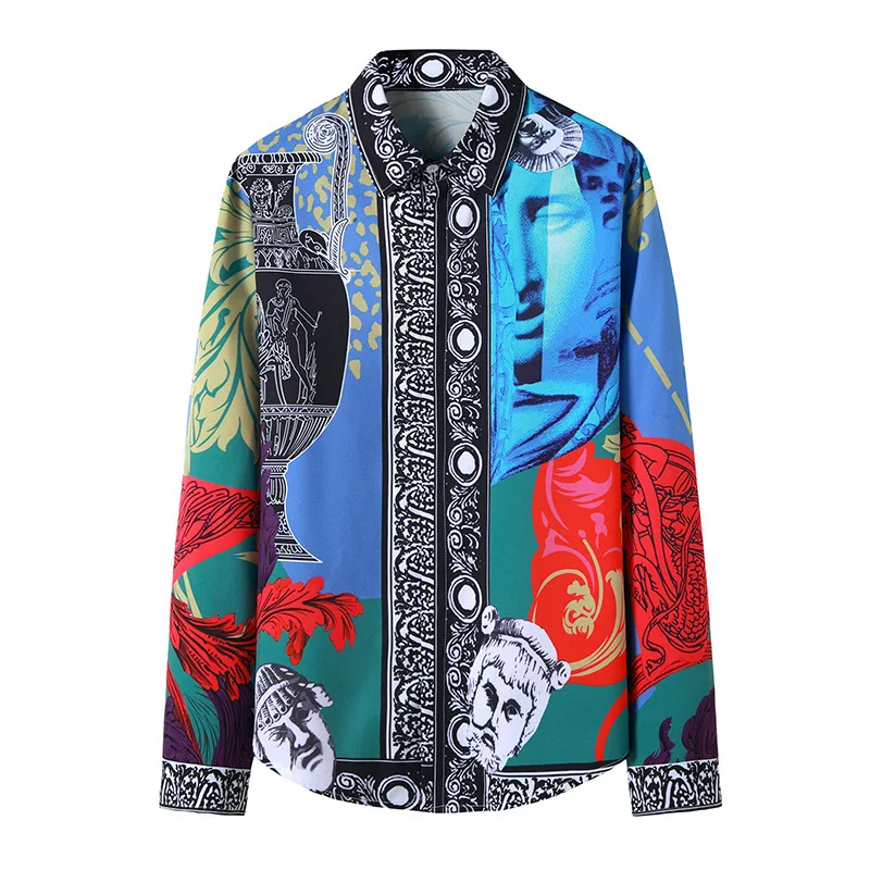 

Streetwear print Beach Men Shirt Personality Long Sleeve Loose Button Casual Shirts Mens Camisa Masculina