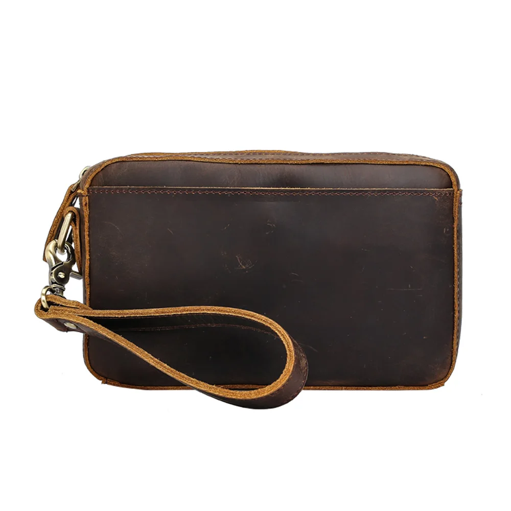 

New Fashion Men's Brown Crazy Horse Leather Clutch Bag Large Capacity Zipper Wallet Pocket Small Handbag Purse, Customized color