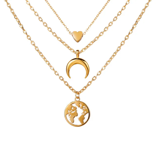 

fashion gold heart layered world map necklace for women wholesale N209232