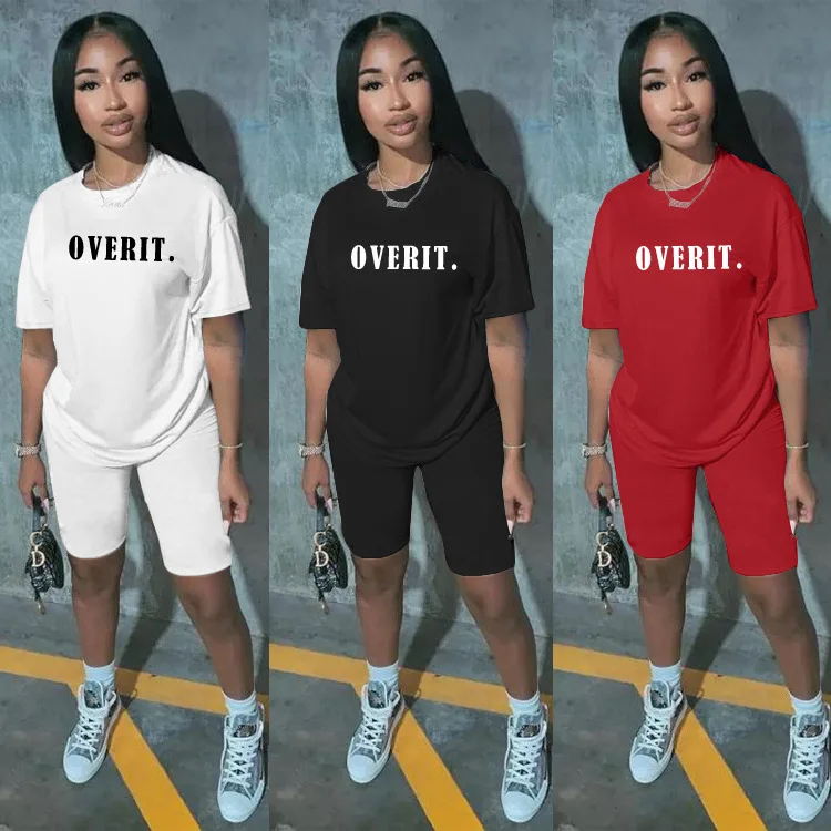 

Wholesale Hot Sale Fashion Sporty Letter Short sleeve Two Piece Set Women 2 Piece Clothing, Photos show