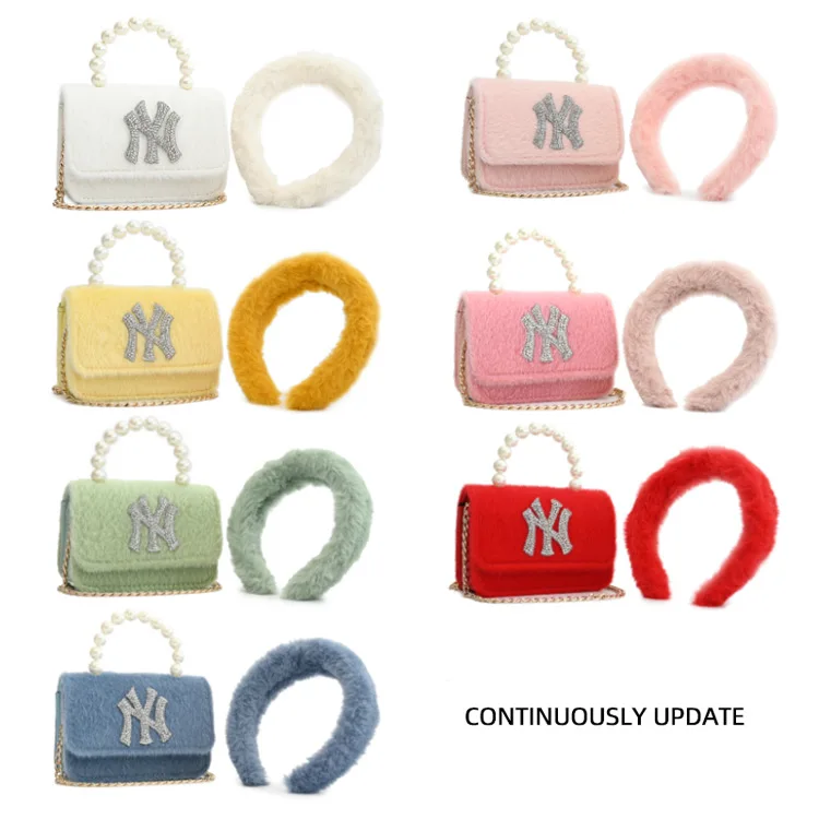 

pearl handbag Crossbody Women Bling NY Bags with Furry Handle Fashion Designer Matching NY Bucket Fur headband and Purse Set, Custom choose