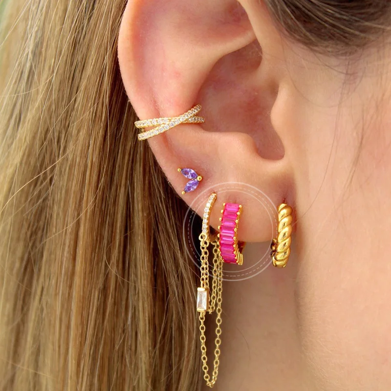 

Luxury rainbow multicolor crystal Sterling Silver jewelry S925 post gold plated earrings brass huggie earrings for girls