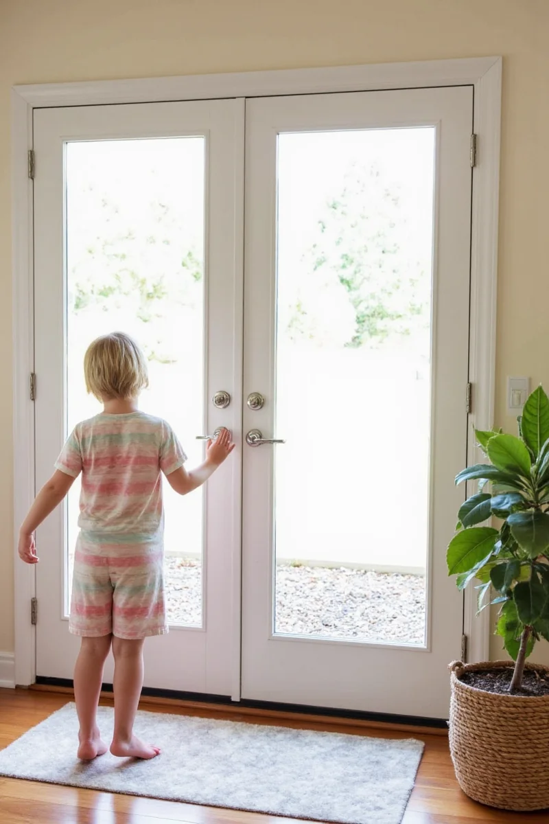 Childproof lock mechanism on French door