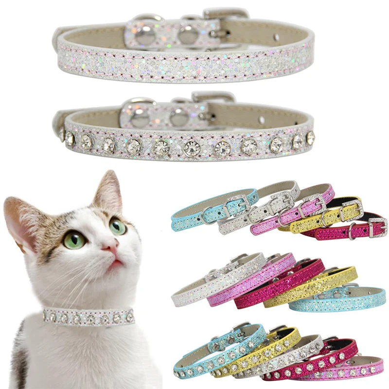

Shining Diamond Rhinestone Puppy Baby Dog Cat Collar Leather Strap for Kitten Accessories, 5 colors