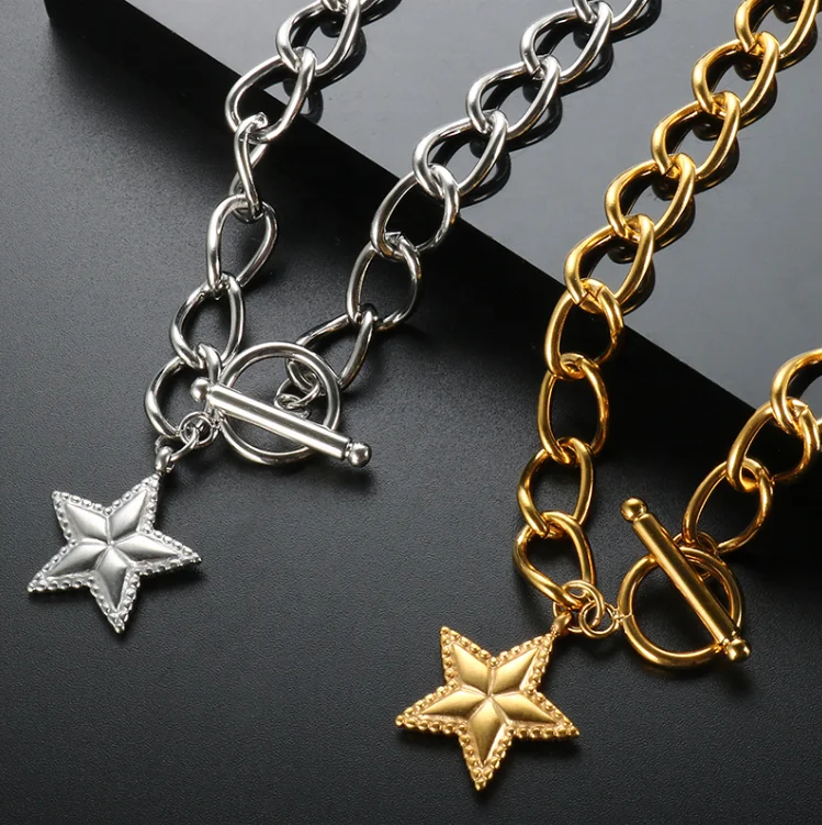 

Fashion Stainless Steel Jewelry Woman 18K Gold Plated Link Chain Hip Hop OT Clasp Buckle Star Pendant Neckklace, Gold/silver/rose gold