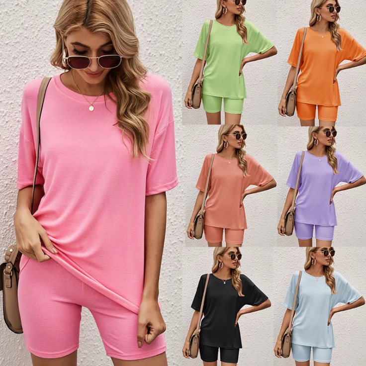 

2021 summer fashion women tracksuit set plain Solid color short sleeve tshirt shorts joggers outfit 2 piece pants set, Picture shown