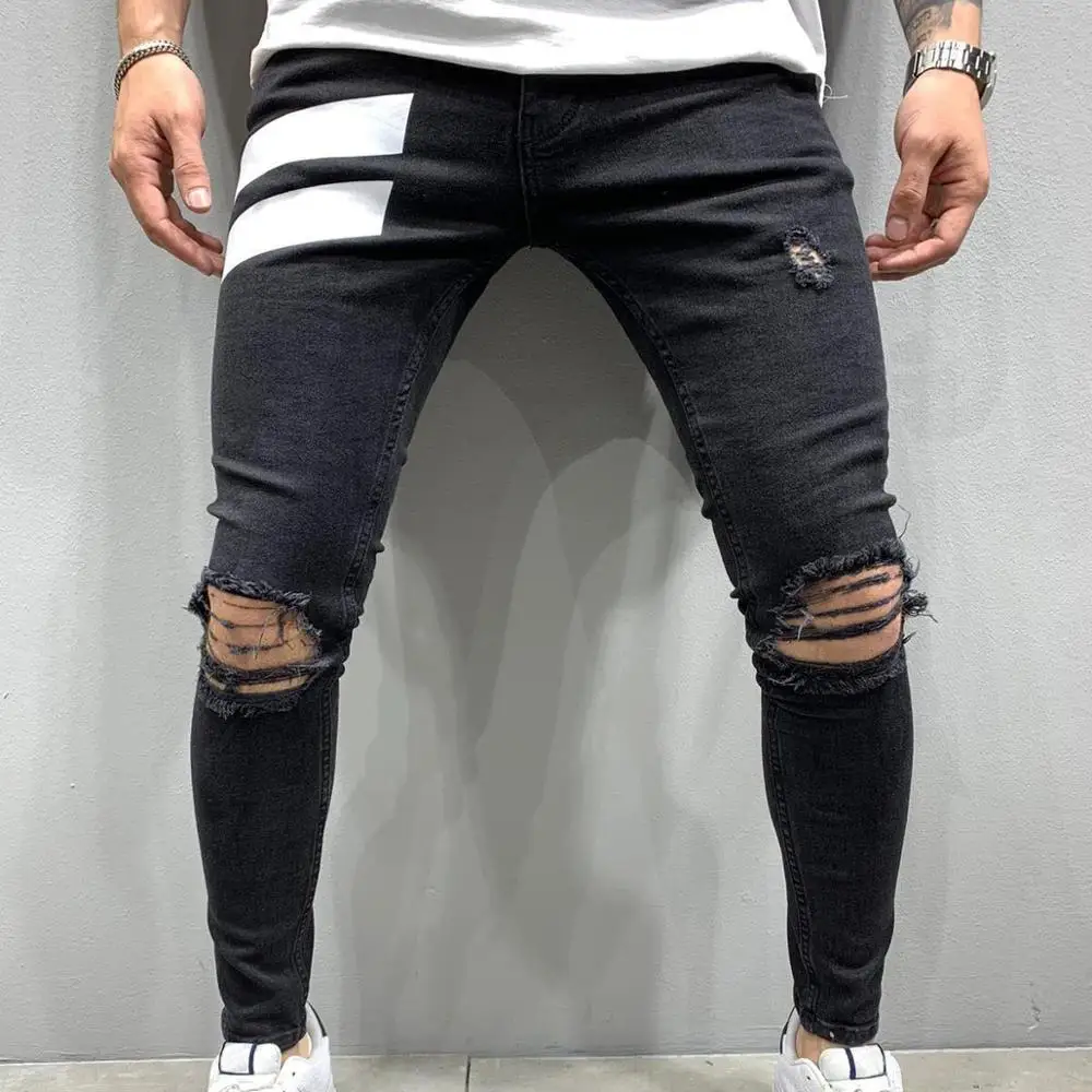 

High Quality Fashion Pantalones Demin Pant And Trouser Seluar Ripped Skinny Small Feet Printed Pantalon Men's Jeans, Picture color