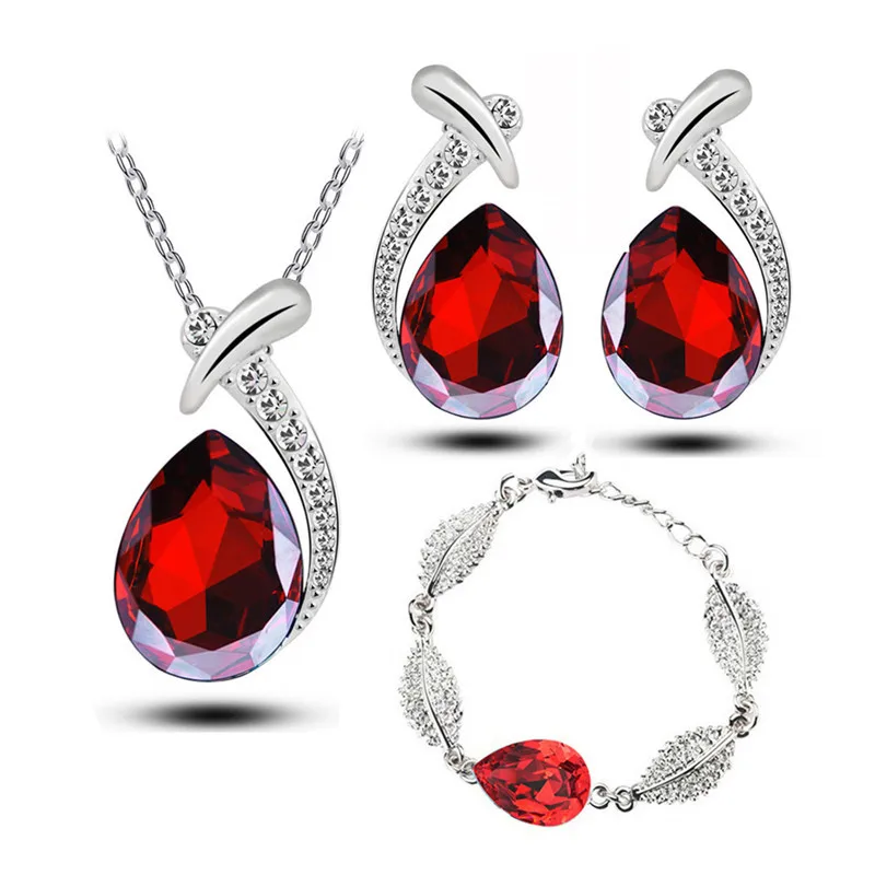 

Fashion Wedding Gift Jewelry Silver Color Water Drop Shape Crystal Earrings Necklace Adjustable Bracelets Set Women Jewelry Sets, Picture shows