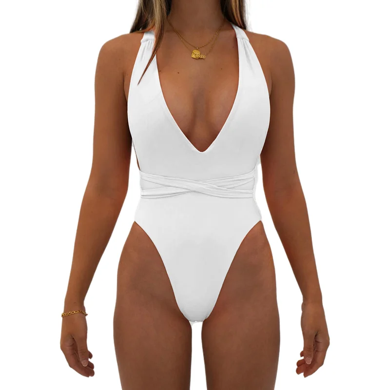 

2022 amazon hot sale deep V neck solid color swimwear % beachwear one piece sexy women backless custom swimsuit