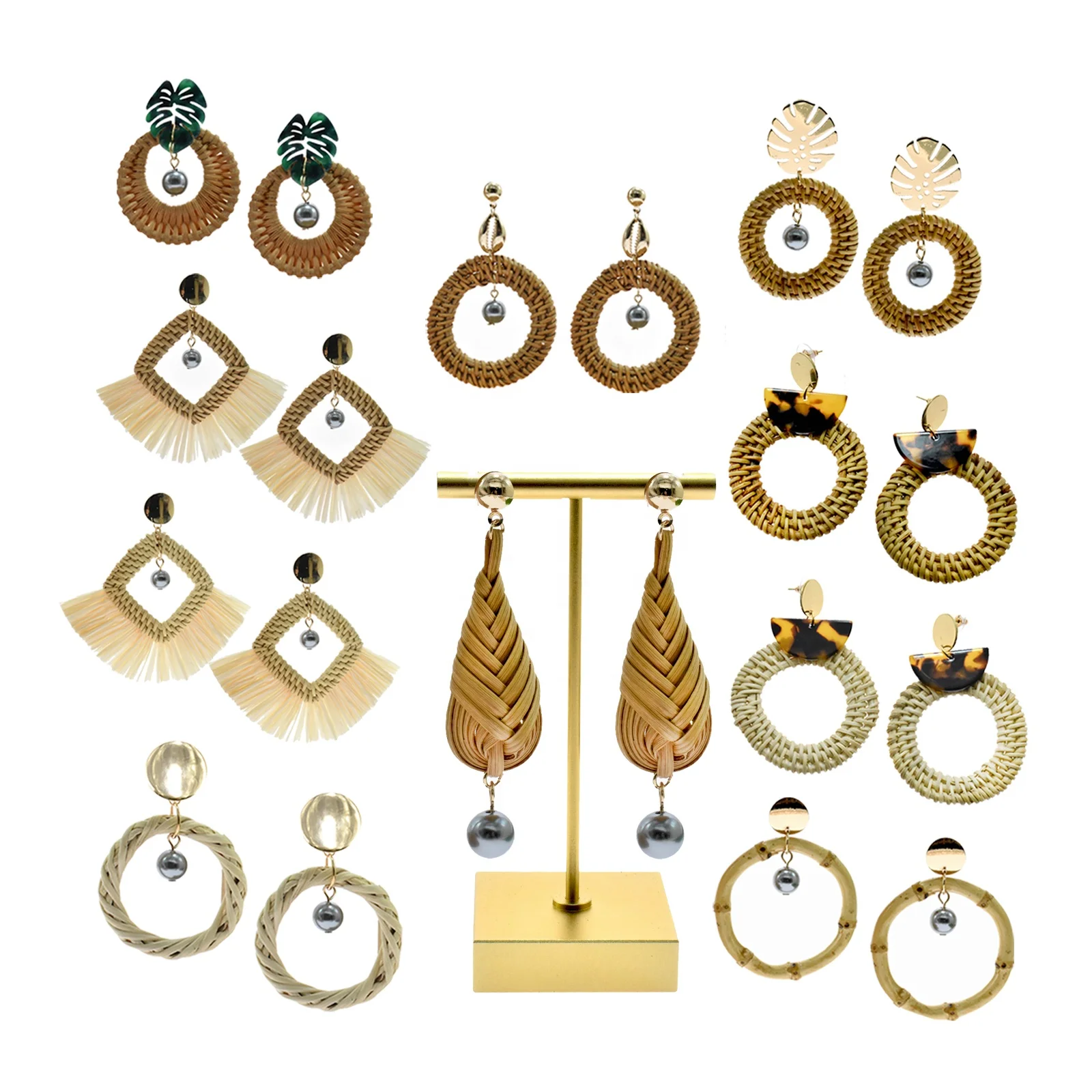 

Hot selling fashion women jewelry Tahitian pearl earrings handmade rattan earring green leaf tortoiseshell earring, As pictures