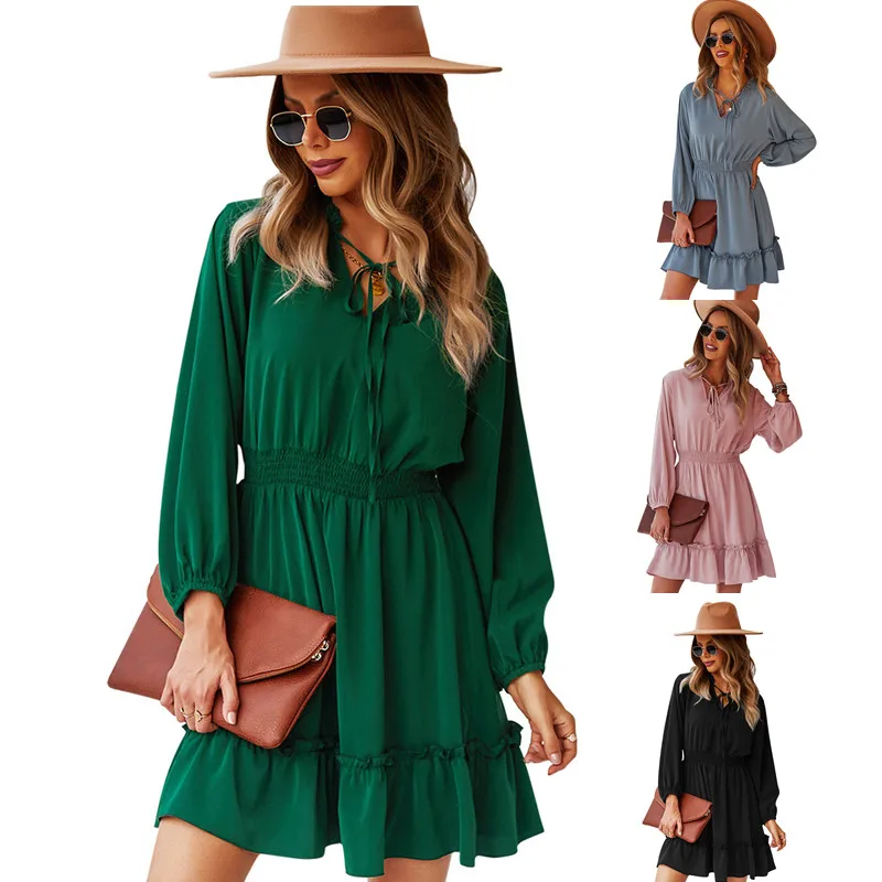 

Sexy Deep V Neck Chiffon Dress Summer Women Ruffles Lantern Sleeve A Line Mini Dresses Vestidos 2021