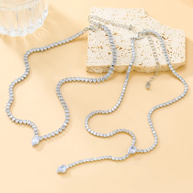 

Full Rhinestone water drop shaped diamond zircon earrings Choker Necklace set for Women Crystal Chain Necklace girl Jewelry