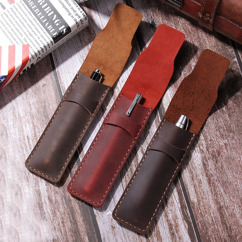 

Portable Handmade Crazy Horse Leather Pen Sleeve Vintage Top Layer Cowhide Leather Pen Case with Protective Flip Pocket