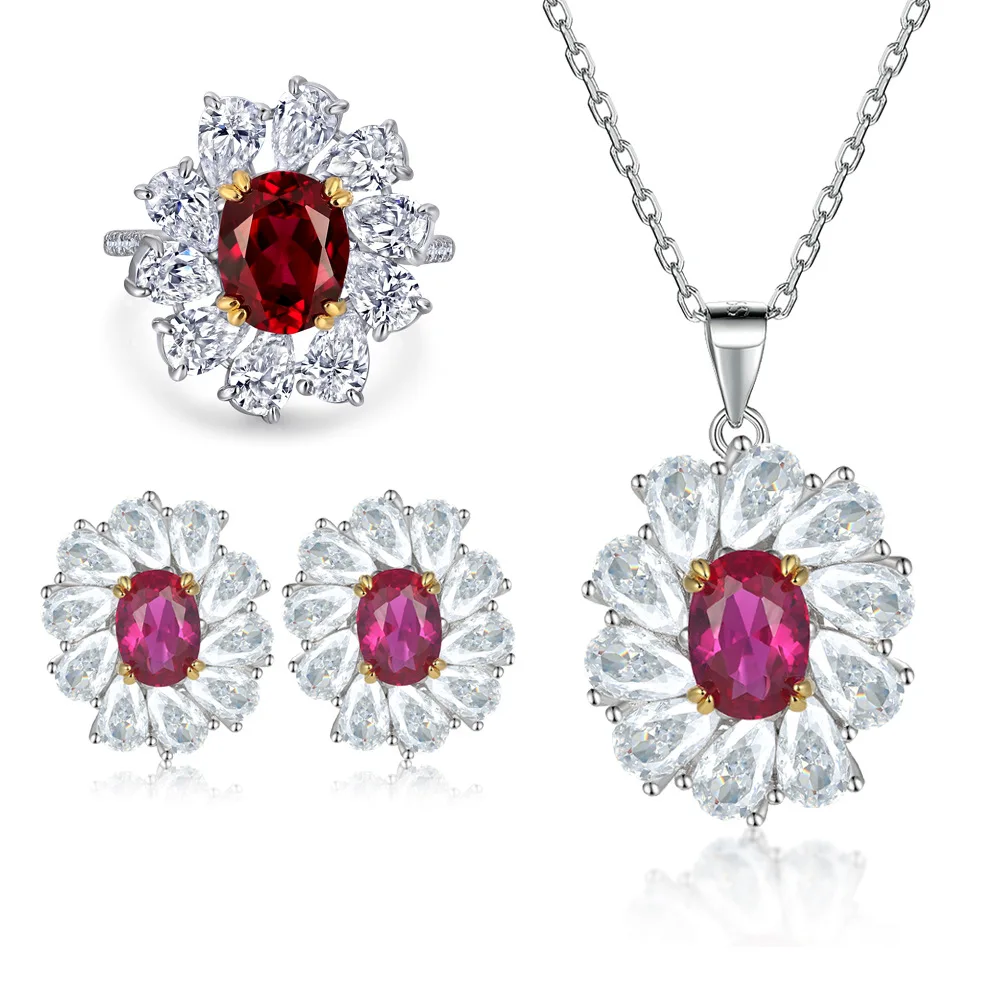 

Wholesale Fashion 925 Sterling Silver Ruby Flower Shape Pendant S925 Cubic Zirconia Ring Necklace Gold Plated Jewelry Gift Set