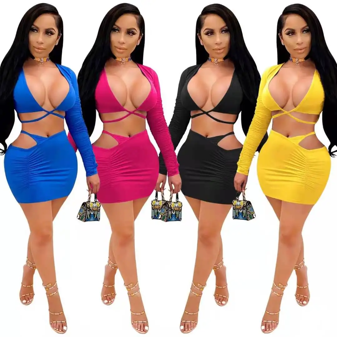 

2021 new arrivals summer Fashion Women Casual Sexy cross bandage hip skirt long sleeve dress, Picture show