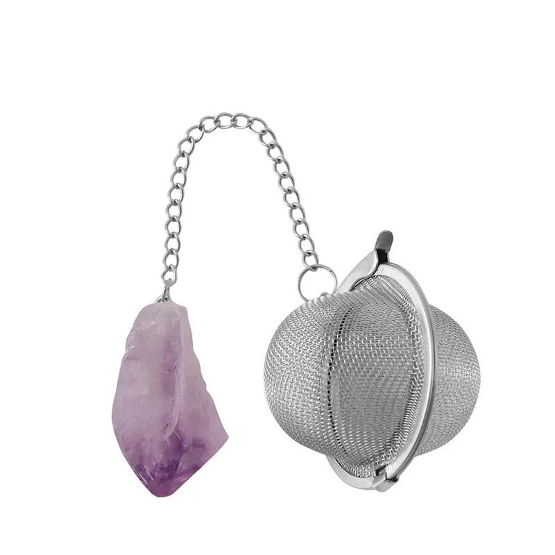 

Wholesale Natural raw stone 304 Stainless steel tea Infusers crystal stone amethyst rose quartz tea strainer spice strainer ball