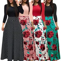 

Stylish Elegant Color Matching Dress Flower Print Long Skirt For Women
