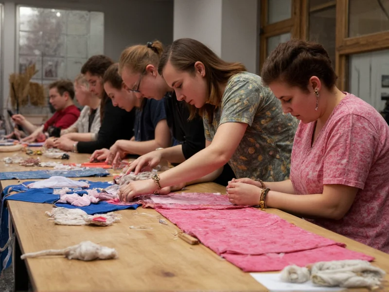 Diverse group collaborating on textile crafts at wooden table