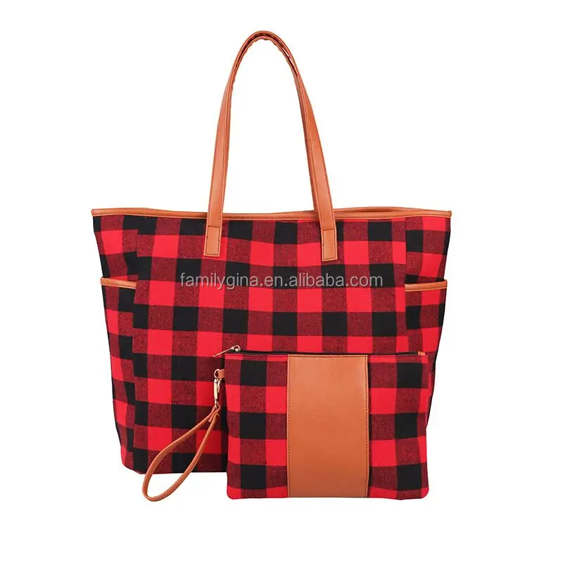 

Wholesale Monogram Personalized Buffalo Plaid Tote And Wristlet Set, Red & black, white & black