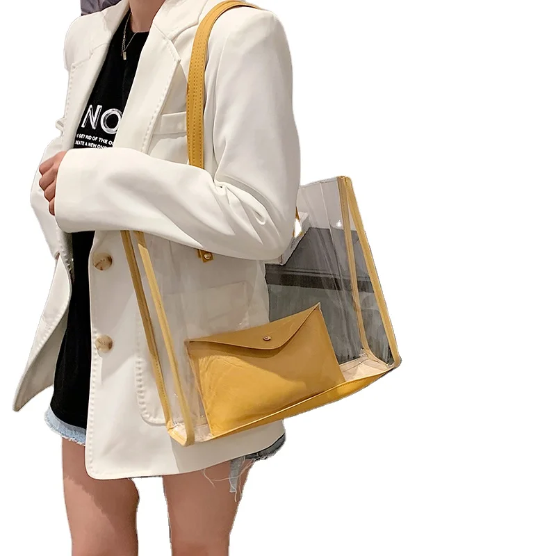 

Custom 2pcs Lady Plastic Shopping Bag Girls Transparent Jelly Beach Shoulder Bag Summer Women Clear Pvc Handbag Set, White, yellow, red, black