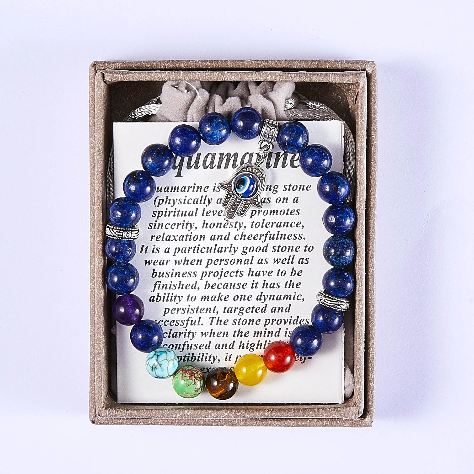 

2021 High Quality Gift Box Packing Natural Stone Lapis Lazuli Beads Hamsa Hand Bracelet Chakra Jewelry, As photo