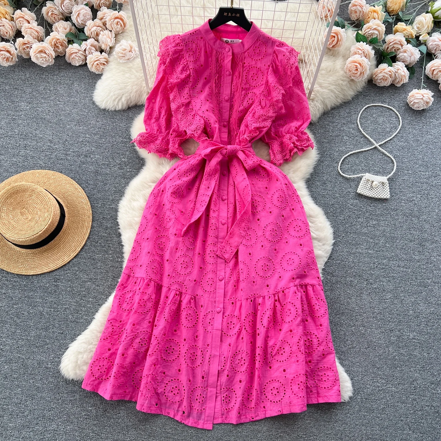 

Autumn Women's Bohemian Dress 2024 New Lantern Sleeve Embroidery Single-breasted Button Slim Chic Solid Color Retro Long Dress