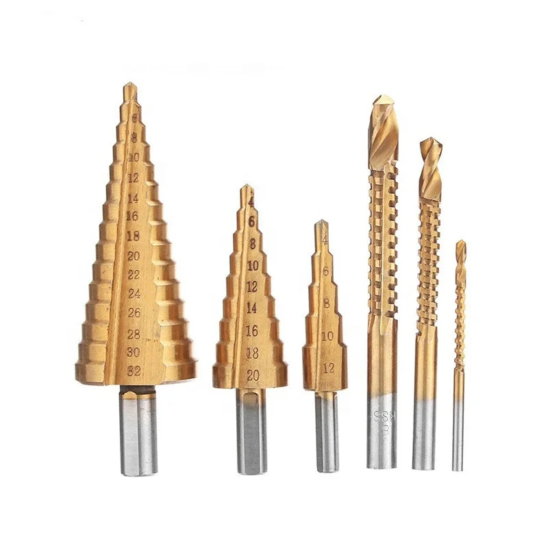 High-Speed Titanium Alloy Step Drilling Reaming Drill Bits 6-Piece Set for Wood Plastic Metal Drilling